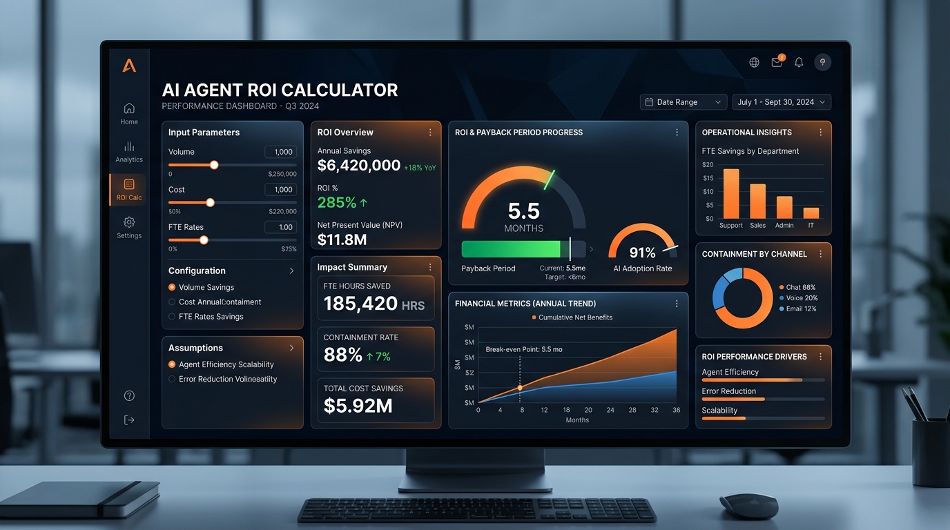 AI Agent ROI Calculator performance dashboard showing input parameters, annual savings, payback period progress, and FTE hours saved