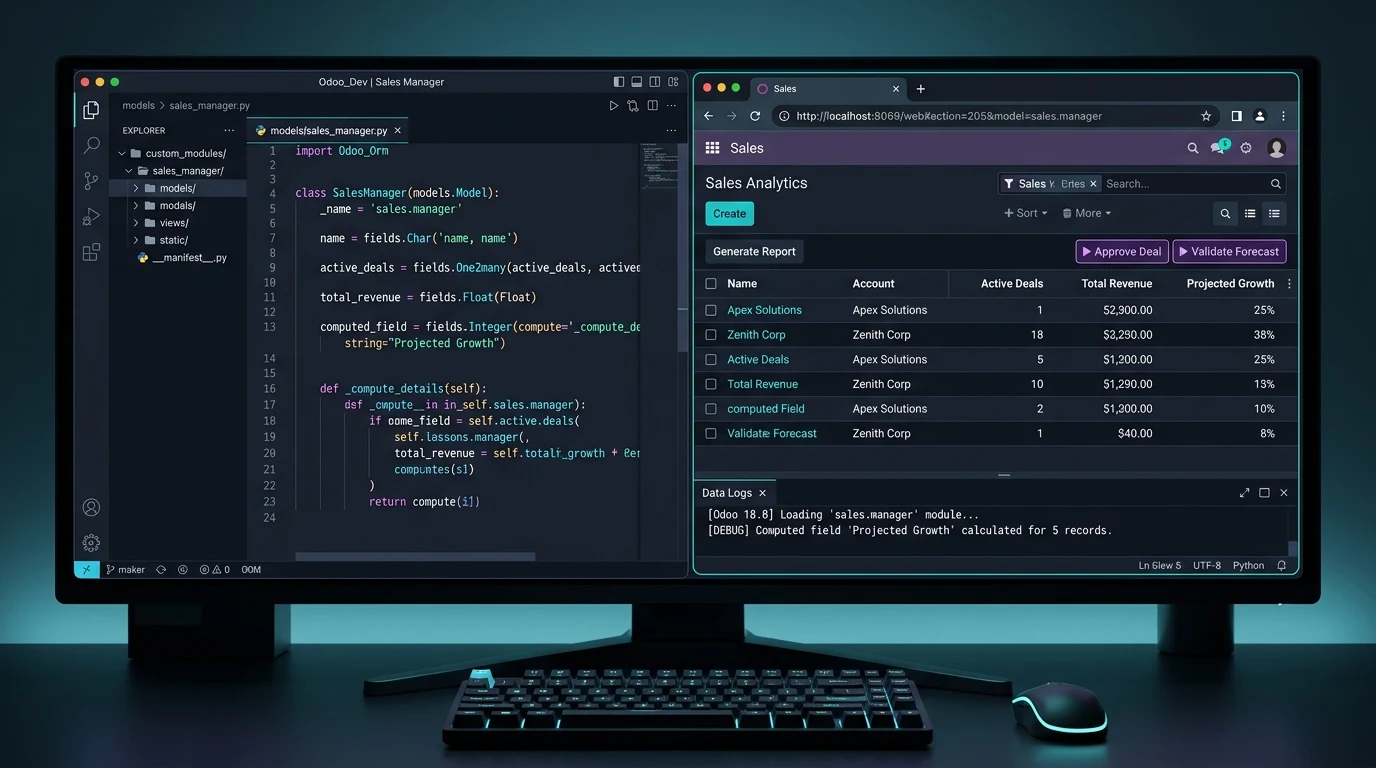 Custom Odoo module development showing Python ORM code and live Odoo ERP view