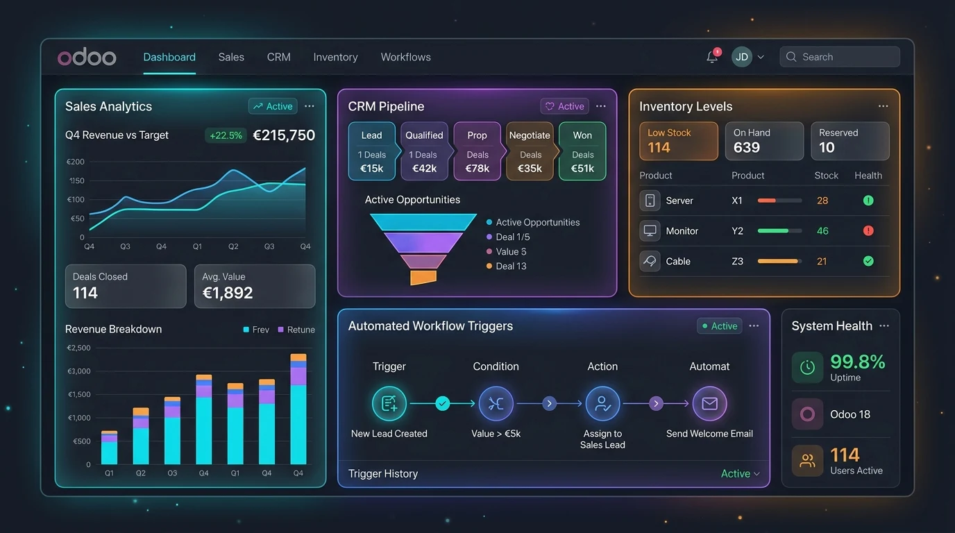 Odoo 18 ERP implementation dashboard showing sales analytics, CRM pipeline, and automated workflow triggers