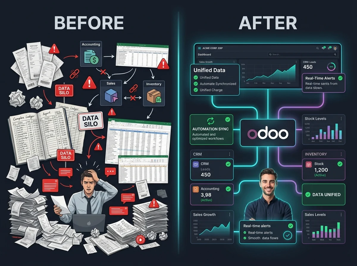 Odoo implementation plan before and after workflow transformation comparison